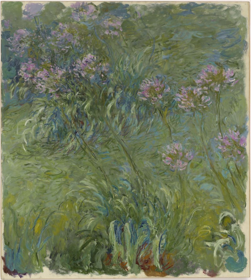 The site’s opening canvas — hazy agapanthus after Monet — standing in for a portrait.